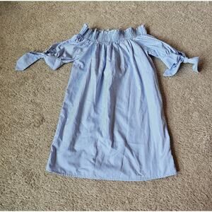 Agaci Women's Blouse Blue Pinstripe - Size Medium Tie Sleeve Off The Shoulder